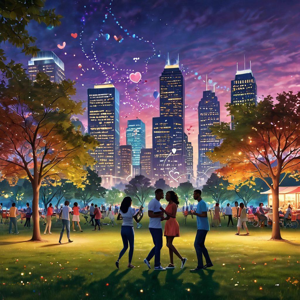 A vibrant cityscape at twilight, with diverse couples engaged in various community activities like dancing, cooking, and playing games in a park setting. Subtle digital motifs in the background, representing online connections, like glowing hearts and chat bubbles. A sense of warmth and connection radiating from the scene with twinkling city lights. super-realistic. vibrant colors. 3D.