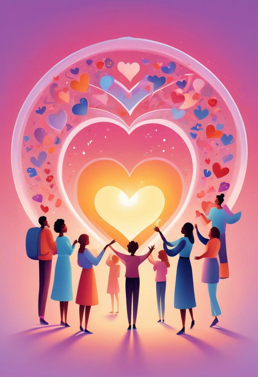 A vibrant illustration depicting diverse people from around the world, joyfully connecting with hearts and symbols of love floating around them. Incorporate elements like a glowing heart-shaped portal to represent exclusive membership benefits, with soft pastel colors to evoke warmth and positivity. Show people engaging in meaningful activities, such as sharing stories or embracing, to highlight the essence of connection. vector art. vibrant colors. soft background.